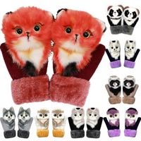 Wholesale Winter Knit Gloves Cute D Fluffy Cartoon Animal Decor Thickened Plush Lining Windproof Thermal Warm Mittens Outfit Girls Gloves