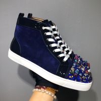 Wholesale Famous Brand High Top Red Bottom Shoes Blue Suede Leather Toe Rhinestone Square Rivet Diamond Men Red Sole Flats Spikes Casual Loafers Sneakers Women