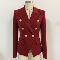 Wholesale New Style Top Quality Original Design Women s Double Breasted Classic Blazer Slim Jacket Metal Buckles Blazer Wine red Blending Outwear