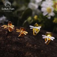 Wholesale lotus fun real sterling silver natural amber handmade fine jewelry k gold cute dragonfly stud earrings for women brincos
