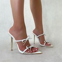 Wholesale Slippers Women Metal High Heels Sexy Pointed Toe Fashion Sweet Bow Wedding Party Shoes For Lady White Black