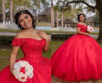 Wholesale Elegant Country Red Ball Gown Quinceanera Prom Dresses boho Off the shoulder Tulle Lace Applique Crystal Beads Corset XV Evening party dress Vestidos Anos