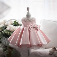 Wholesale Girls Dresses White Wedding Satin Princess Baby Girls Dress Bead Bow Birthday Evening Party Infant For Girl Gala Kid Clothes H1