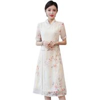 Wholesale Ethnic Clothing Chinese Retro Lace Cheongsam Stand up Collar Double Layer Vietnam Aodai Dress Elegant Vintage Floral Wedding Qipao