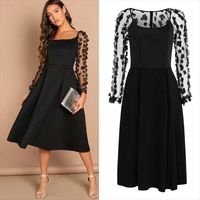 Wholesale Casual Dresses ICHOIX Night Out Contrast Mesh Appliques Pleated Square Neck Knee Length Dress Autumn Modern Lady Workwear Women