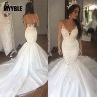 Wholesale MYYBLE Arabian Bridal Dresses Appliques Long Train Mermaid robe de mairee Custom Sheer Neckline Wedding Gown Beige Wedding Gowns H0105