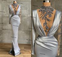 Wholesale Sexy Skinny High Neck Prom Dress Luxury Beaded Long Sleeve Side Slit Silver Satin African Women Long Evening Dresses