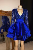 Wholesale Royal Blue Sheer Long Sleeve Appliques Short Mini Cocktail Dresses A Line V Neck Sequined Ruffles Women Occasion Party Mother of Bride Gowns BC3995