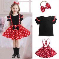 Wholesale Baby Girls Clothes Set Summer Ruffles Tops polka Dot Suspender Skirt headband Toddler Kids Children Birthday Party Red Outfits