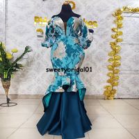 Wholesale African Aso Ebi Mermaid Prom Dress Blue Off Shoulder Print Flowers Nigerian Prom Gowns Party Evening Dresses