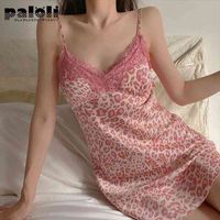 Wholesale Sexy Ice Silk Lingerie Lazy Little Pink Leopard Womens Sleepwear Sling Night Dress Animal Pattern Females Home Clothes