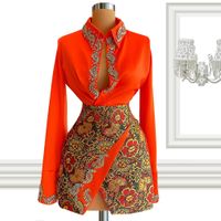 Wholesale Autumn Two piece Set Mini Prom Dress Women Long Sleeve Organza Beaded Blouse Shirt and Floral Skirt Fashion Suits