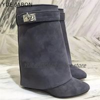 Wholesale 2021 Shark Lock Autumn Ladies Suede Ankle Boots Zip Wedges Heel Shoes Pointed Toe Mid calf Boots Fashion Women Modern Boots