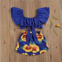 Wholesale Nxy Girl Suit Two Piece for Birthday Clothing Set Bowknot Cropped Tops Sunflower Print Shorts Outfits Kids Party Vacation Clothes