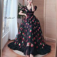 Wholesale Plus size XL Women Black Pink Strawberry Sequined Dress v neck Sweet Elegant Evening Party Formal Dress Classy Maxi Dress Y0706