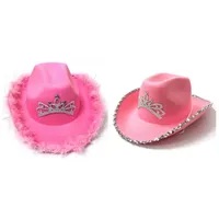 Wholesale Wide Brim Hats Dress Up Crown Western Sequin Edge Costume Accessories Cap Cowgirl Cowboy Feather For Adult