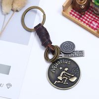 Wholesale Zodiac Sign Keychains for Men Women Genuine Real Leather Constellations Vintage Gold Color Metal Alloy Keyring Car Key Chain Holder C3