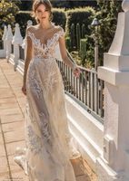 Wholesale Muse By Berta Wedding Dresses Off The Shoulder A Line Button Back Illusion Boho Bridal Gowns Custom Made Plus Size Wedding Dress