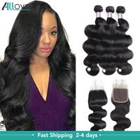 Wholesale Allove Curly Water Human Hair Bundles with Closure Brazilian Peruvian Straight Ocean Wave Indian Wet and Wavy Body Loose Deep for Women All Ages Natural Black inch