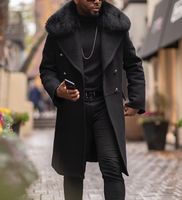 Wholesale Designer Men Wool Trench Coat Faux Fur Collar Fashion Winter Business Long Thick Slim Fit Overcoat Jacket Parka Mens Clothing Plus Size XL