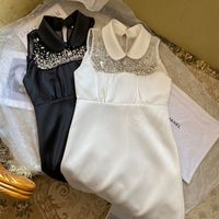 Wholesale 2021 Black White Mini Dress Luxurious Crystals Sleeveless Peter Pan Collar Short Dresses Womens Designer Bodycon Holiday Gown