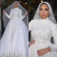 Wholesale Modest Arabic Muslim Wedding Dresses High Neck Long Sleeve Appliques Lace Detachable Overskirt Bridal Gowns Islamic Long Wedding Dres