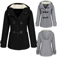 Wholesale Women s tight Hooded et wool trumpet button coat long elegant with pockets suitable for winter and autumn