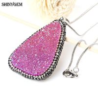 Wholesale Fashion Pink Titanium Natural Stone Pendant Water Drop Amethysts Druzy Crystal Pave Zircon CZ Snake Necklace Charm Jewelry Gift