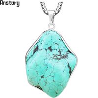 Wholesale irregular pendant natural stone turquoises necklace for women vintage antique silver plated unique design fashion jewelry tn188