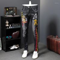 Wholesale Men s Jeans Autumn Men Elastic Long Trousers Fashion Print Male Colored Drawing Painted Slim Denim Pants Designer Printing