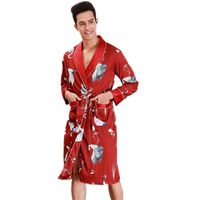 Wholesale Men s Sleepwear Men Silk Rayon Robe Summer Long Sleeve Kimono Robes Male Satin Bathrobe Print Dress Gown Red Blue