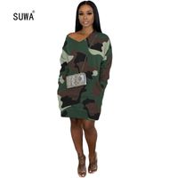 Wholesale Military Style Camouflage Printed Loose Slim Knee Length Dresses Fashion Spring Autumn Streetwear Women s Long Sleeve Color T200518