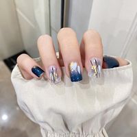 Wholesale False Nails Blue Gold Foil Short Paragraph Fashion Manicure Press On Full Cover Wearable Acrylic Nail Tips With Glue