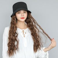 Wholesale Wide Brim Hats Fisherman Bucket Hat Wig Black Brown Long Wavy Curly Cap White Naturally Synthetic Hair Wigs For Women Girls Party