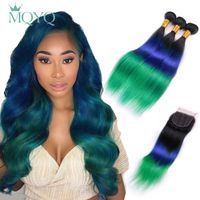 Wholesale Human Hair Bulks MQYQ TB Blue Green Brazilian Straight Bundles Ombre Weave With Lace Closure Remy