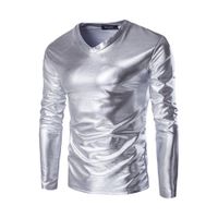 Wholesale Hipster Men Sexy Faux Leather Shiny T shirt Casual Long Sleeve V neck Solid Color Undershirt Top kg