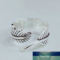 Wholesale 925 Sterling Silver Vintage Feather Leaf Thai Silver Color Ring Hippie Punk Opening Ring For Women Men Party Jewelr S R584