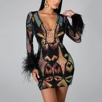 Wholesale Casual Dresses Sexy Black Party Night Club Dress Women Long Sleeve Deep V Neck Feather Bodycon Short Sex Wear Mini Clothes