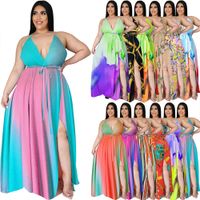 Wholesale Women Summer Casual Bohemian Beach Dresses Sexy Gradient Floral Print Fit and Flare Maxi Dress Sleeveless Backless Side High Split Holiday Vestidos
