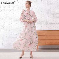 Wholesale Truevoker Summer European Designer Maxi Long Dresse s Puff Sleeve Bow Collar Elegant Flower Printed Vestido XXL XL