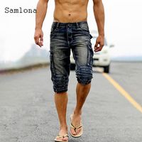 Wholesale Men s Jeans Samlona Men Demin Shorts Summer Sexy Jean Skinny Male Punk Style Zipper Multi pocket Dance Short Pants Mens Clothing