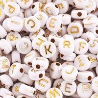 Wholesale Pandahall bag x4mm Alphabet Letter Acrylic Beads Plating Metal Enlaced Flat Round White for Jewelry Making Hole mm