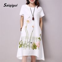 Wholesale Saiqigui Summer Dress Plus Size Short Sleeve White Women Dress Casual Cotton Linen Dress Lotus Printing O Neck Vestidos de Festa