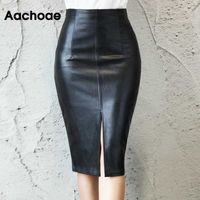 Wholesale Aachoae Women Fashion PU Faux Leather Pencil Skirts Office Wear Split Black Midi Skirt Female Plus Size Chic Bodycon Skirt