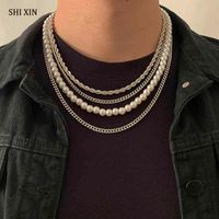 Wholesale SHIXIN Pearl Beads Thick Link Choker Set Men Women Hip Hop Multi Layered Necklace Chain on the Neck Jewelry