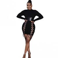 Wholesale Casual Dresses Skinny Short Dress Women Stand Collar Lace Up Hollow Out Outfits Autumn Leather Splice Corset Sexy Mini Pencil Vestido