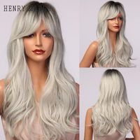 Wholesale Synthetic Wigs HENRY MARGU Long Wavy Ombre Black Brown Gray Ash White Cosplay With Bangs Dark Root Heat Resistant Wig For Women