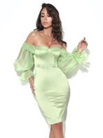 Wholesale Casual Dresses Fall Women Off Shoulder Party Dress Sexy Mesh Long Sleeve Knee Length Celebrity Runway Evening Bodycon Club