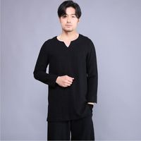 Wholesale Men s T Shirts Large Size M XL XL Autumn And Summer Cotton Linen Solid Loose Man Casual V Neck Tops Chinese Style Black Red