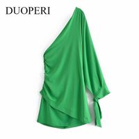 Wholesale Casual Dresses DUOPERI Asymmetric Dress Women Fashion One Shoulder Sleeve With Bow Knot Chic Lady Draped Mini Short Female